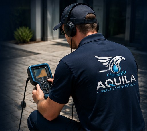 Aquila technician using acoustic leak detection equipment on a property